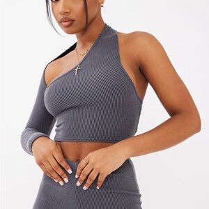 Pretty Little Thing Gray One-Shoulder Ribbed Top Casual Women’s NWT Edgy